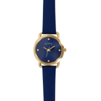 Montre Lutetia bleue, boîtier métal doré, verre bombé, bracelet cuir de veau