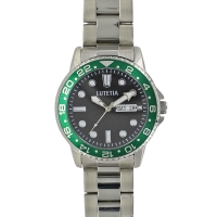 Montre Lutetia boîtier acier argenté, dato 3h cadran noir et bracelet acier argenté
