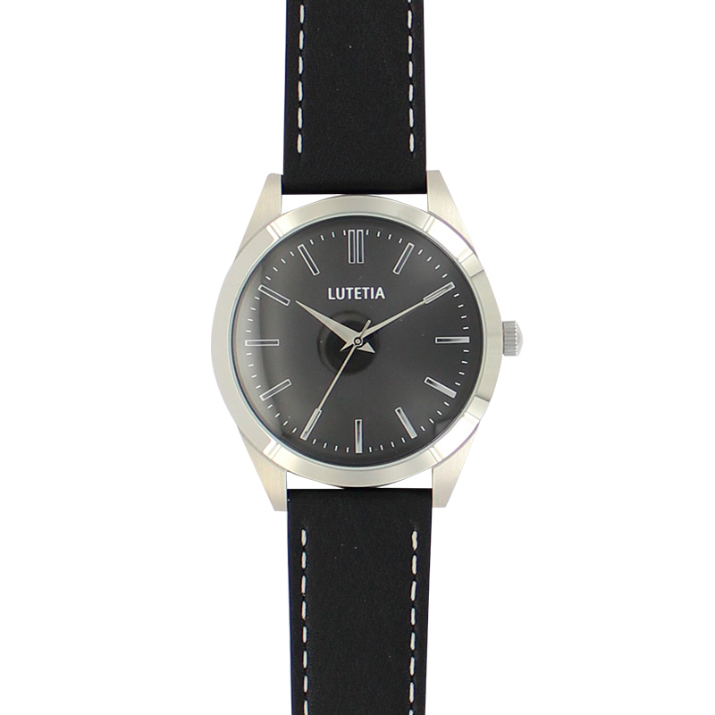 Montre Lutetia boîtier acier, cadran noir, bracelet cuir de bovin noir, surpiqûres