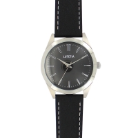 Montre Lutetia boîtier acier, cadran noir, bracelet cuir de bovin noir, surpiqûres