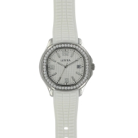 Montre Lutetia boîtier acier, dato 3h cadran argenté avec oxydes, bracelet plastique blanc