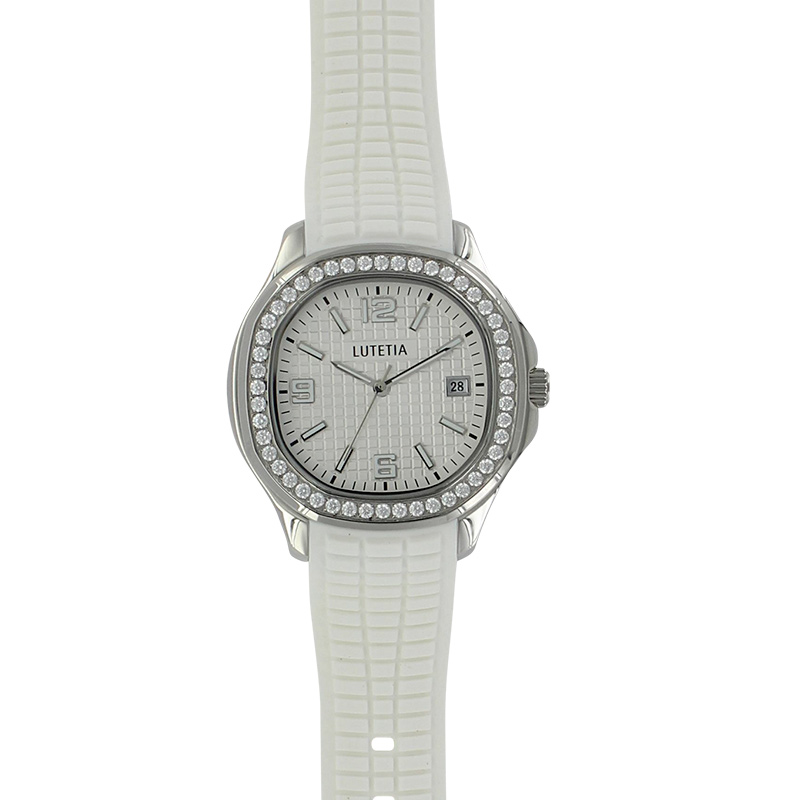 Montre Lutetia boîtier acier, dato 3h cadran argenté avec oxydes, bracelet plastique blanc