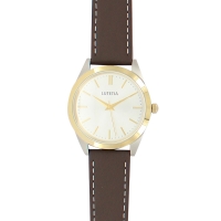 Montre Lutetia boîtier acier doré, cadran blanc, bracelet cuir de bovin marron, surpiqûres