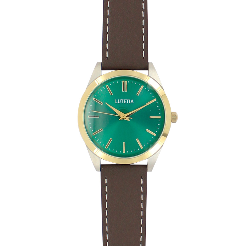 Montre Lutetia boîtier acier doré, cadran vert, bracelet cuir de bovin marron, surpiqûres