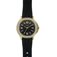 Montre Lutetia boîtier acier doré, dato 3h cadran argenté avec oxydes, bracelet plastique noir
