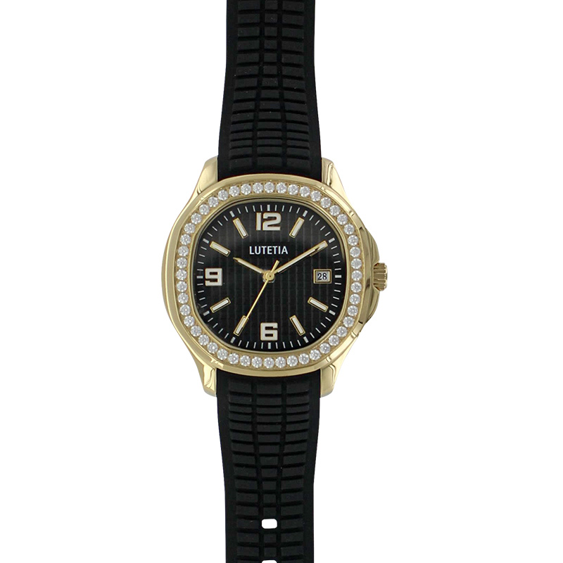 Montre Lutetia boîtier acier doré, dato 3h cadran argenté avec oxydes, bracelet plastique noir
