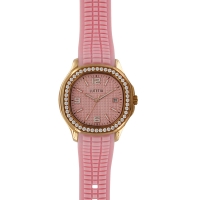 Montre Lutetia boîtier acier rose, dato 3h cadran argenté avec oxydes, bracelet plastique rose