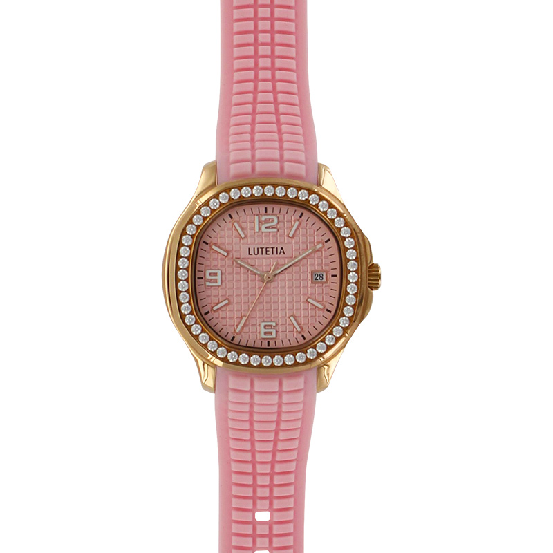 Montre Lutetia boîtier acier rose, dato 3h cadran argenté avec oxydes, bracelet plastique rose