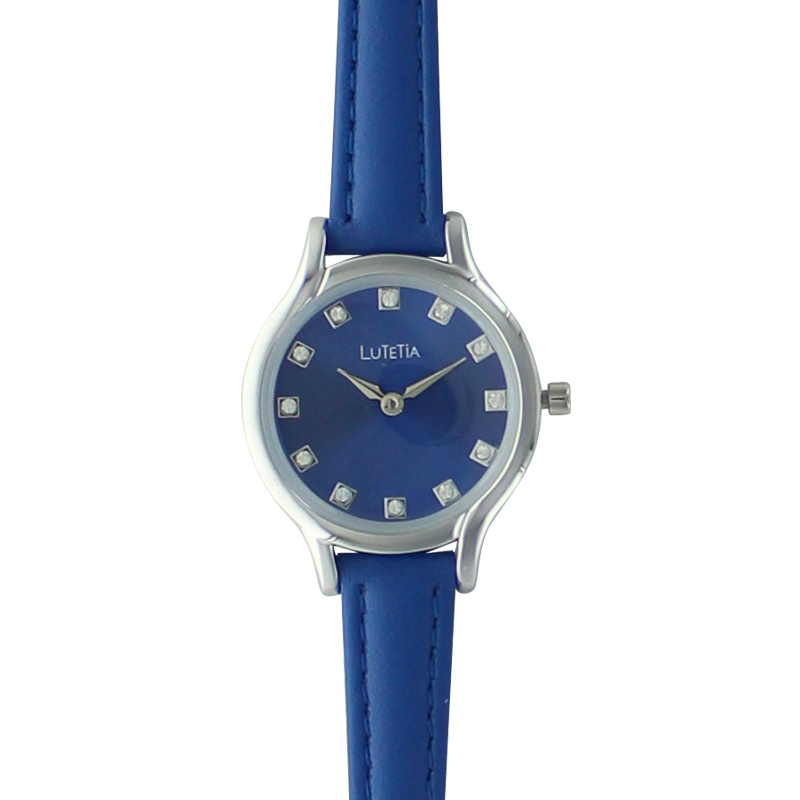 Montre Lutetia boîtier argenté, bracelet cuir de veau bleu, cadran bleu, pierres synthétiques