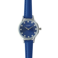 Montre Lutetia boîtier argenté, bracelet cuir de veau bleu, cadran bleu, pierres synthétiques
