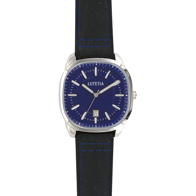 Montre Lutetia boîtier carré acier argenté, cadran bleu bracelet cuir de bovin bleu, sûrpiqures