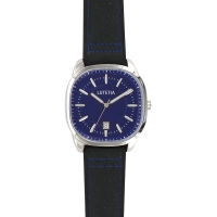 Montre Lutetia boîtier carré acier argenté, cadran bleu bracelet cuir de bovin bleu, sûrpiqures