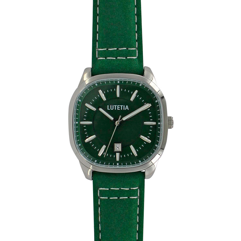 Montre Lutetia boîtier carré acier argenté, cadran et bracelet cuir de bovin vert, sûrpiqures
