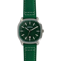 Montre Lutetia boîtier carré acier argenté, cadran et bracelet cuir de bovin vert, sûrpiqures