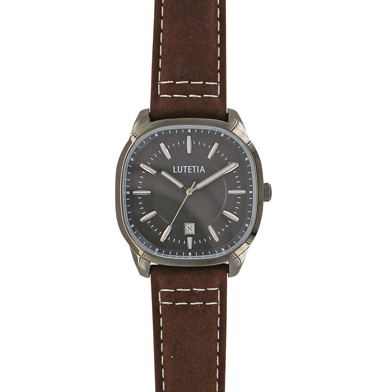 Montre Lutetia boîtier carré acier argenté, cadran gris et bracelet cuir de bovin marron, sûrpiqure