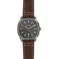 Montre Lutetia boîtier carré acier argenté, cadran gris et bracelet cuir de bovin marron, sûrpiqure