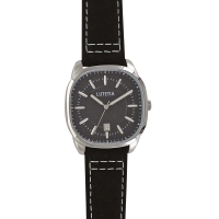 Montre Lutetia boîtier carré acier argenté, cadran noir bracelet cuir de bovin noir, sûrpiqures gris