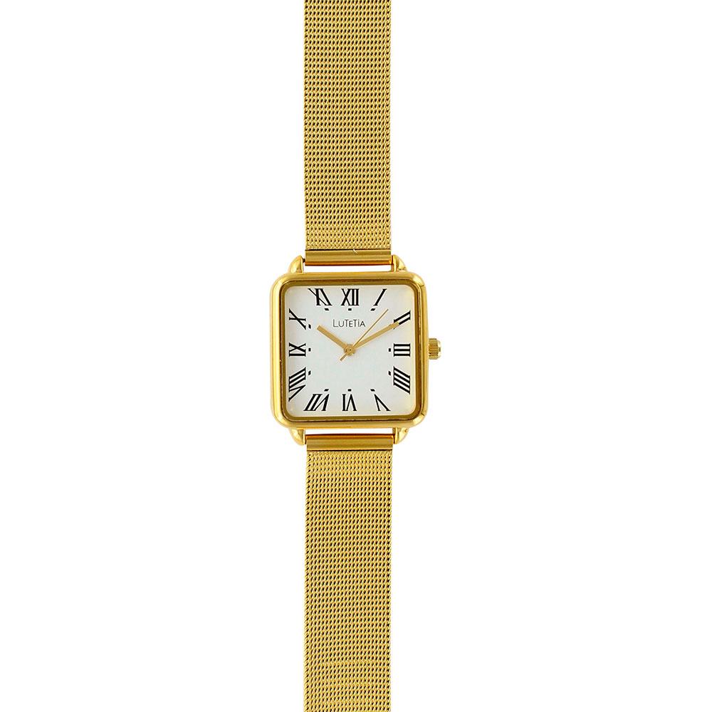 Montre Lutetia boîtier carré arrondi et bracelet milanais doré, chiffres romains