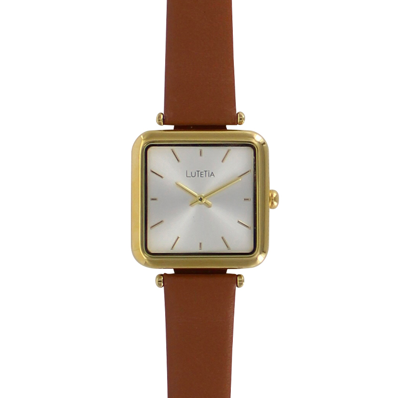 Montre Lutetia boîtier carré doré et bracelet cuir de veau marron, doublure synthétique
