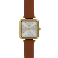 Montre Lutetia boîtier carré doré et bracelet cuir de veau marron, doublure synthétique