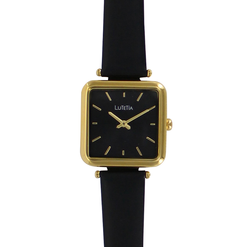 Montre Lutetia boîtier carré doré et bracelet cuir de veau noir, doublure synthétique