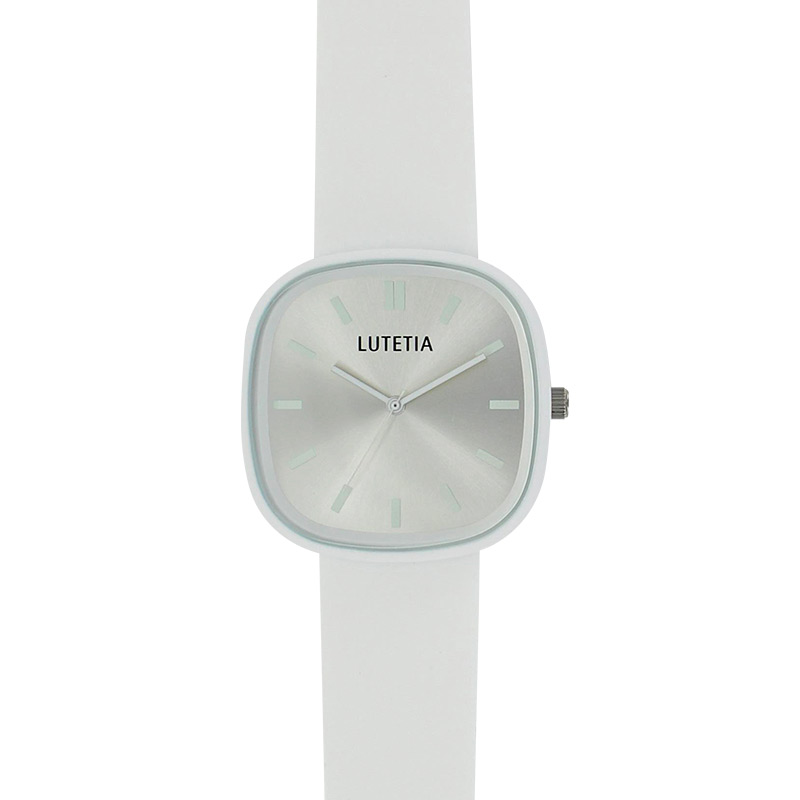 Montre Lutetia boîtier carré métal argenté, cadran argenté bracelet plastique blanc