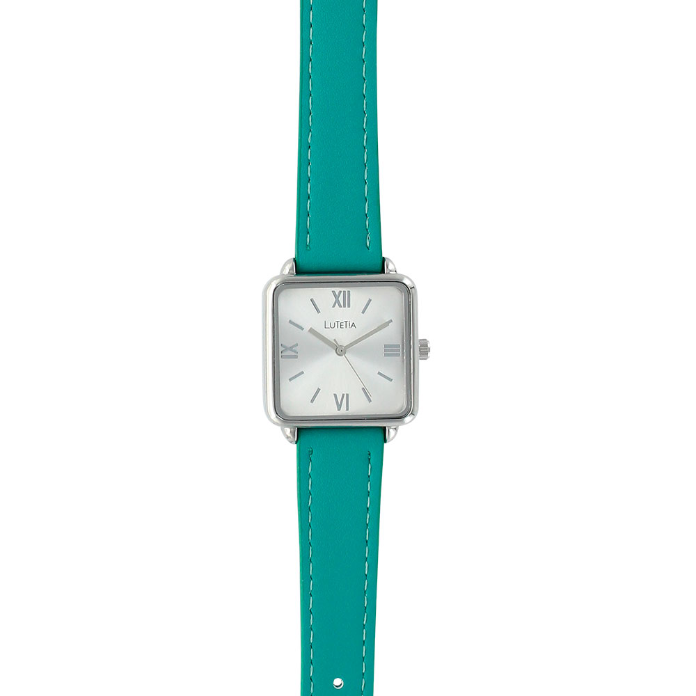 Montre Lutetia boîtier carré métal argenté et bracelet synthétique turquoise