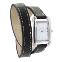 Montre Lutetia boîtier carré métal, cadran blanc, bracelet double tour cuir de bovin noir