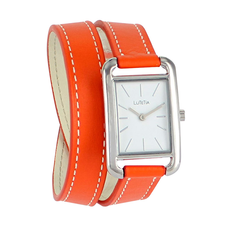 Montre Lutetia boîtier carré métal, cadran blanc, bracelet double tour cuir de bovin orange