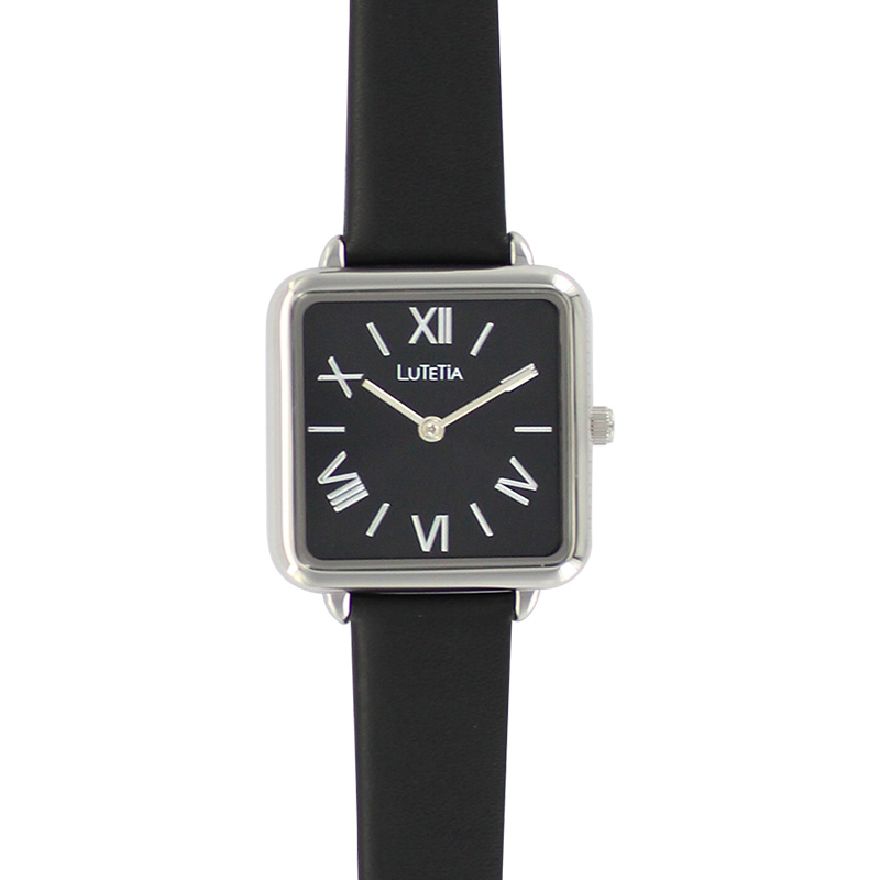 Montre Lutetia boîtier carré métal, cadran noir bracelet cuir de bovin noir, surpiqûres