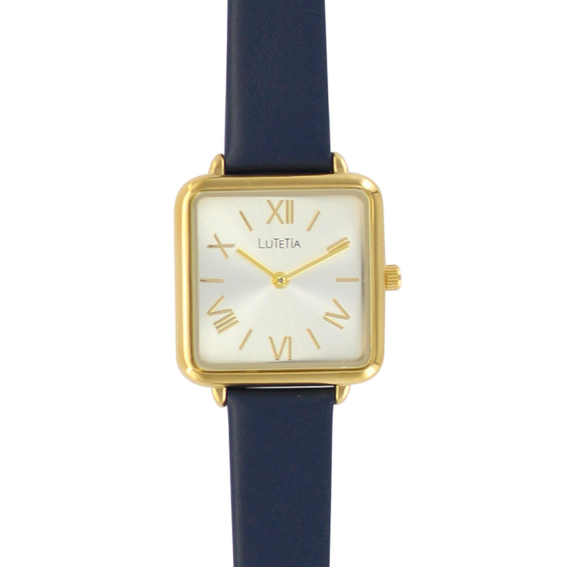 Montre Lutetia boîtier carré métal doré, cadran argenté bracelet cuir de bovin bleu marine