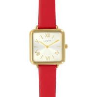 Montre Lutetia boîtier carré métal doré, cadran argenté bracelet cuir de bovin rouge, surpiqûres