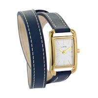 Montre Lutetia boîtier carré métal doré, cadran blanc, bracelet double tour cuir de bovin bleu