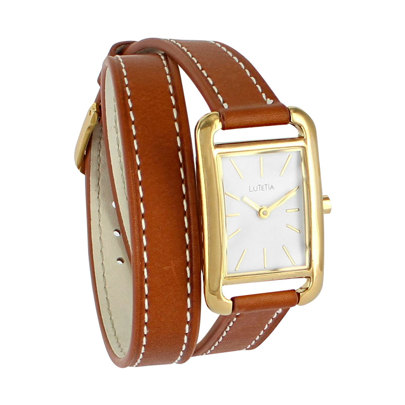 Montre Lutetia boîtier carré métal doré, cadran blanc, bracelet double tour cuir de bovin marron