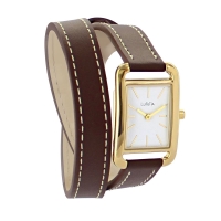 Montre Lutetia boîtier carré métal doré, cadran blanc, bracelet double tour cuir de bovin marron