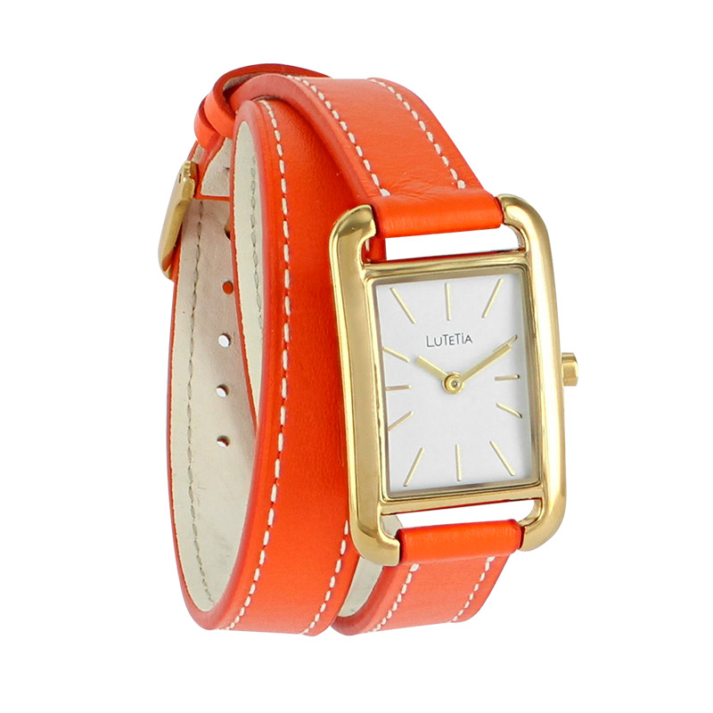 Montre Lutetia boîtier carré métal doré, cadran blanc, bracelet double tour cuir de bovin marron