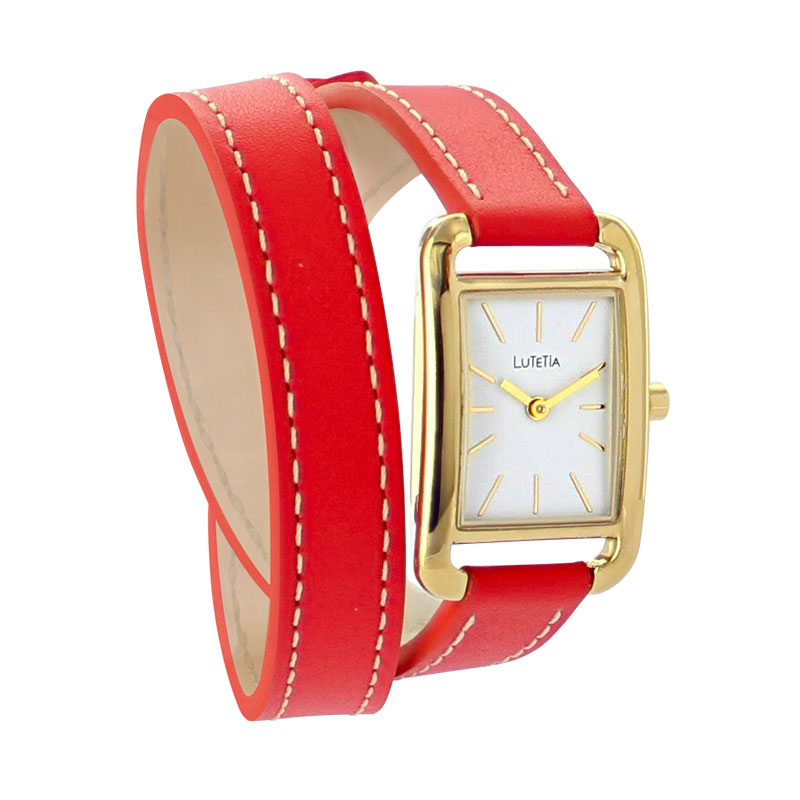 Montre Lutetia boîtier carré métal doré, cadran blanc, bracelet double tour cuir de bovin rouge