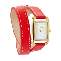 Montre Lutetia boîtier carré métal doré, cadran blanc, bracelet double tour cuir de bovin rouge