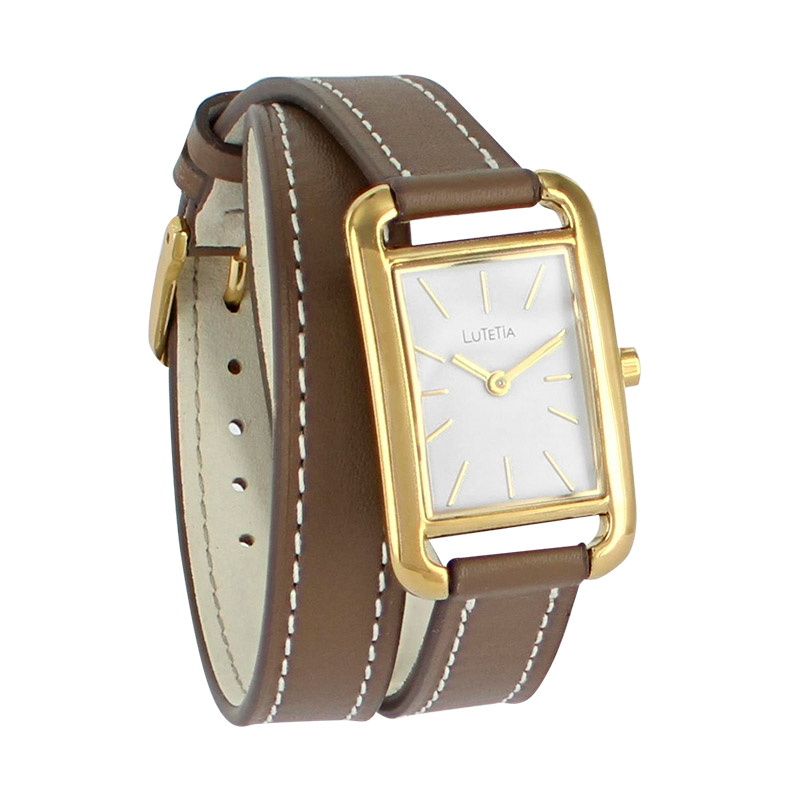 Montre Lutetia boîtier carré métal doré, cadran blanc, bracelet double tour cuir de bovin taupe