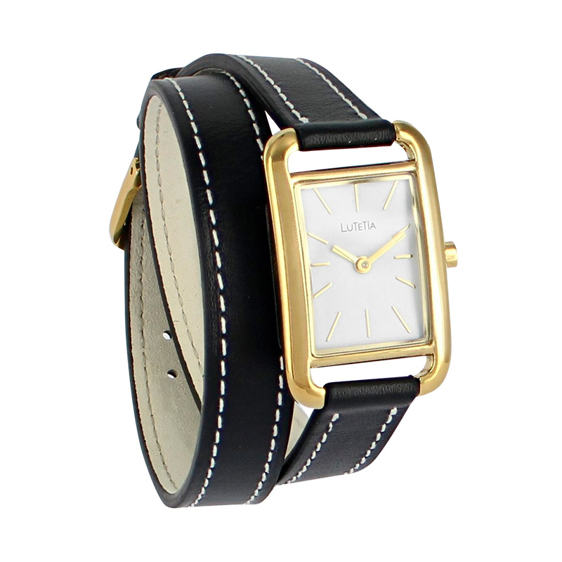 Montre Lutetia boîtier carré métal doré, cadran noir, bracelet double tour cuir de bovin noir
