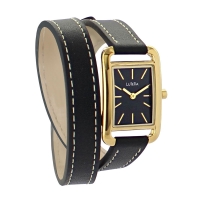 Montre Lutetia boîtier carré métal doré, cadran noir, bracelet double tour cuir de bovin noir