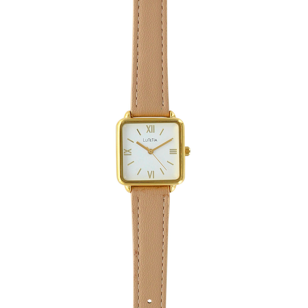 Montre Lutetia boîtier carré métal doré et bracelet synthétique couleur marron clair