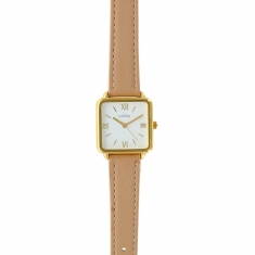 Montre Lutetia boîtier carré métal doré et bracelet synthétique couleur marron clair