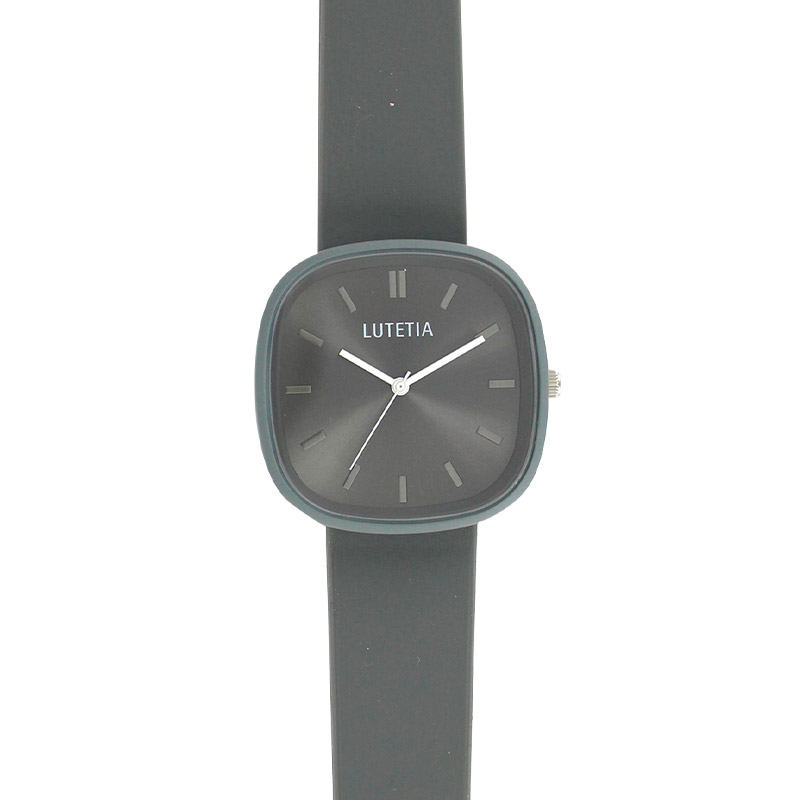 Montre Lutetia boîtier carré métal gris, cadran vert bracelet plastique gris