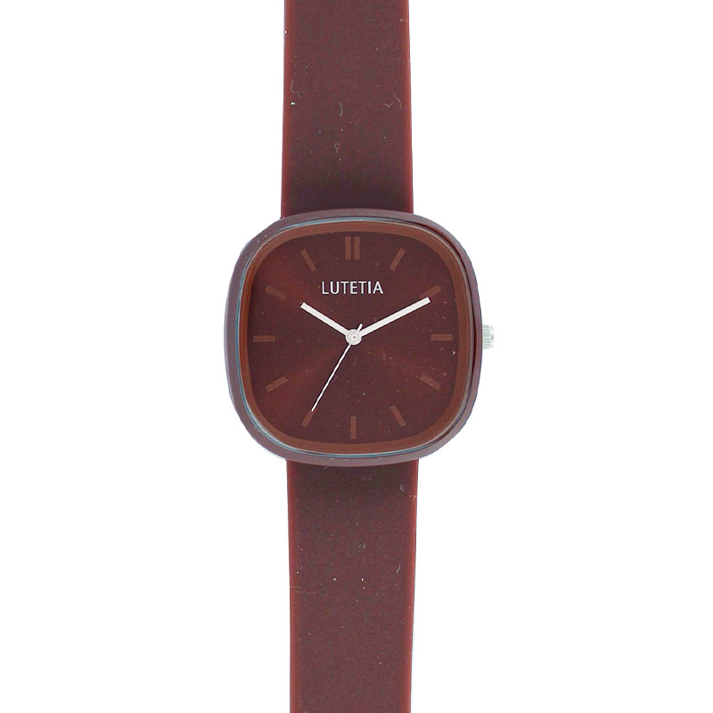 Montre Lutetia boîtier carré métal marron foncé, cadran et bracelet plastique marron foncé