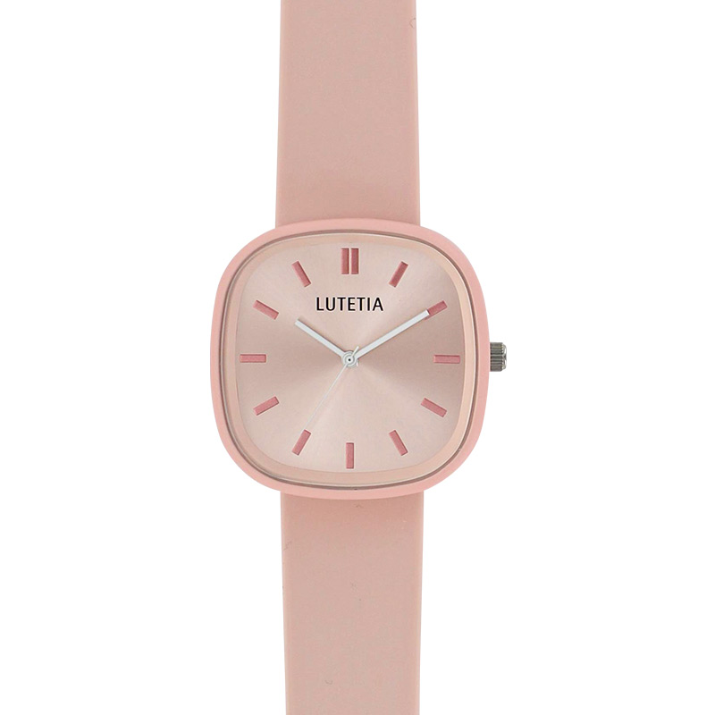 Montre Lutetia boîtier carré métal rose, cadran rose bracelet plastique rose