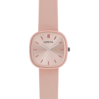 Montre Lutetia boîtier carré métal rose, cadran rose bracelet plastique rose