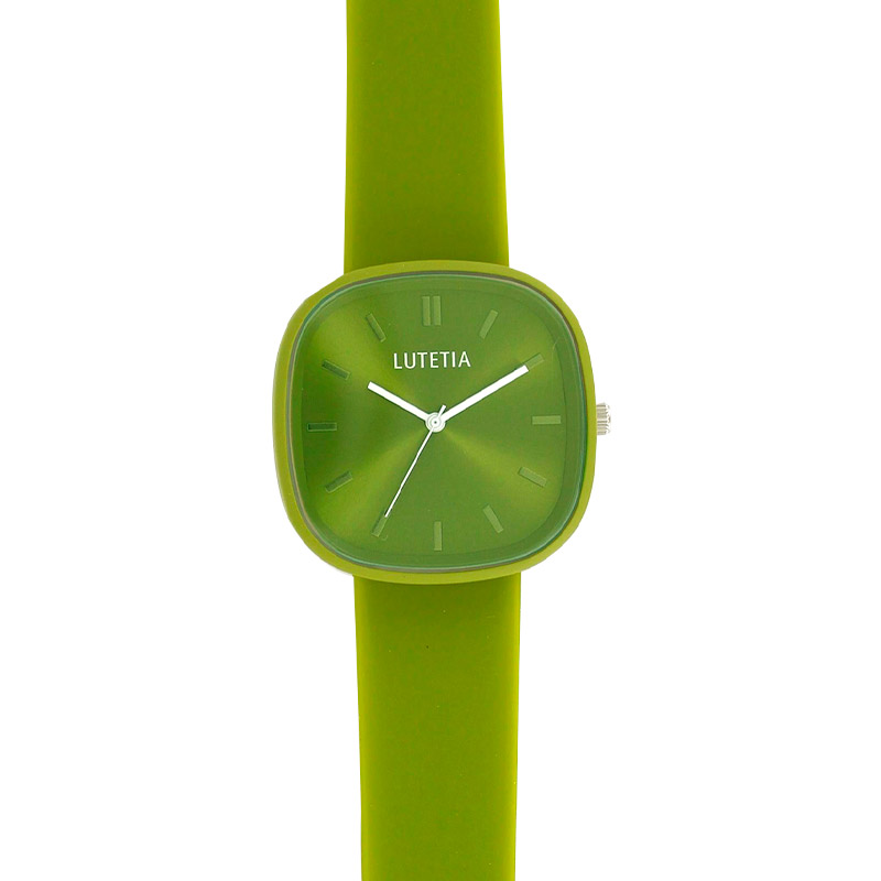 Montre Lutetia boîtier carré métal vert olive, cadran et bracelet plastique vert olive