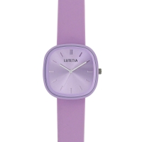 Montre Lutetia boîtier carré métal violet, cadran et bracelet plastique violet