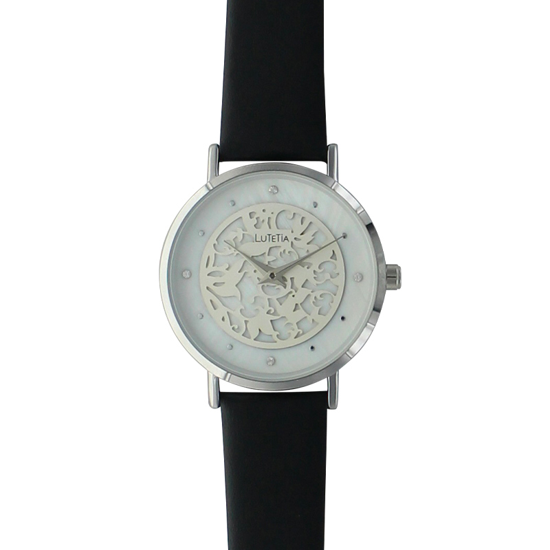 Montre Lutetia boîtier couleur argent motif floral, pierres synthétiques, bracelet cuir de veau noir